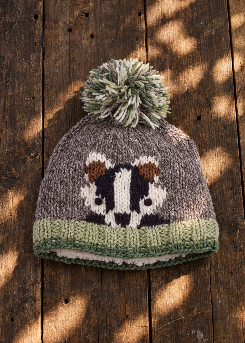 pachamama-kids-woollen-badger-animal-bobble-hat-ww pachamama-kids-woollen-badger-animal-bobble-hat-ww